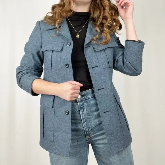 Vintage Oversized Safari Style Long Blazer Jacket Suit Pea Coat Made In Canada - Picture 7 of 7